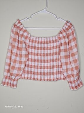 Smocked Off-Shoulder Gingham Top - Coral White